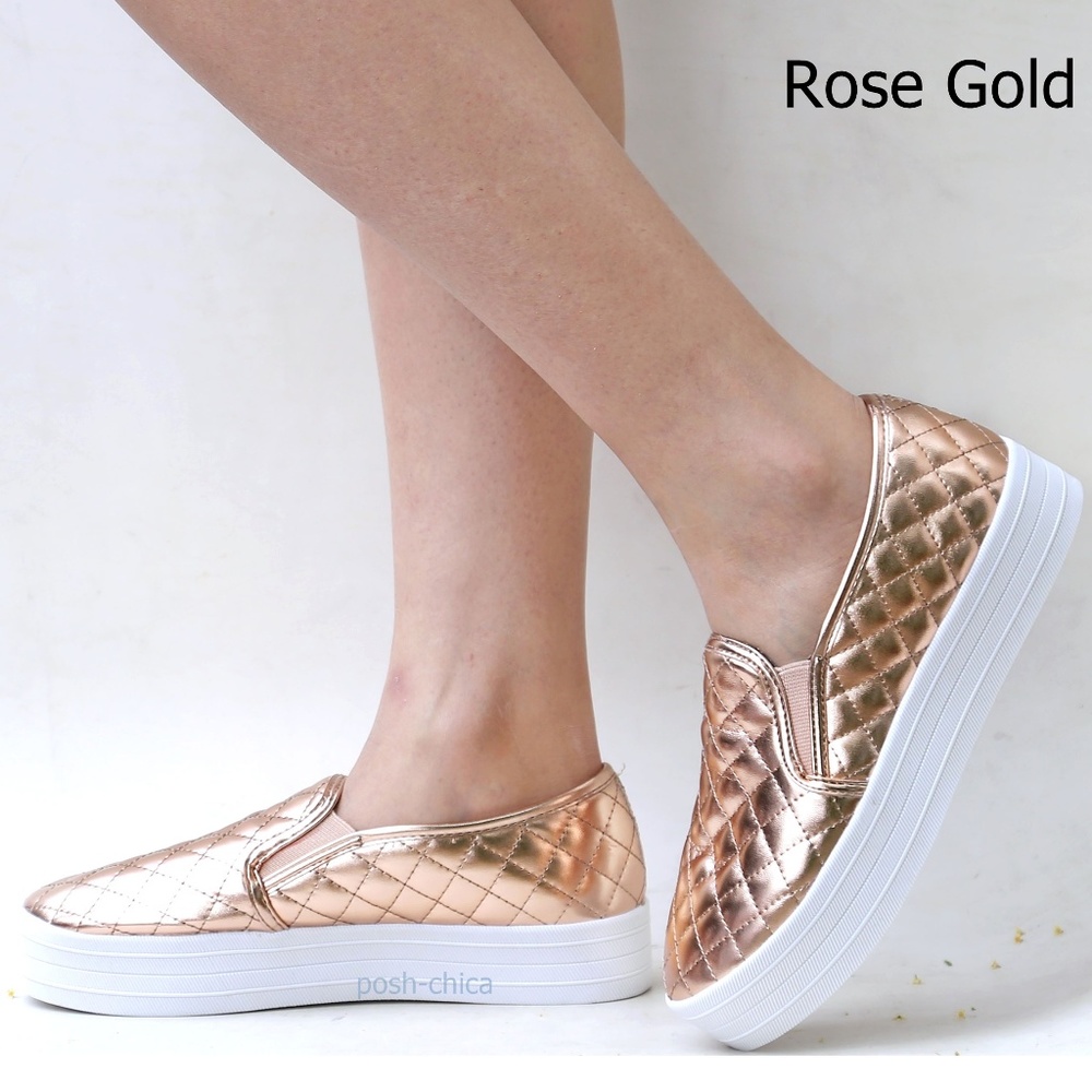 New Rose Gold Quilted Slip On Platform Sneakers